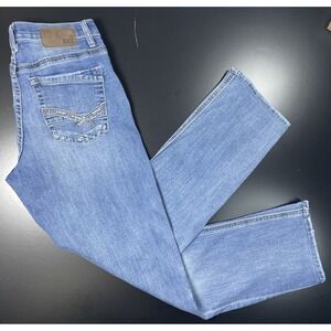 BKE Tyler Jeans Men's 32x31 Hemmed Slim Straight Stretch Blue Denim Buckle